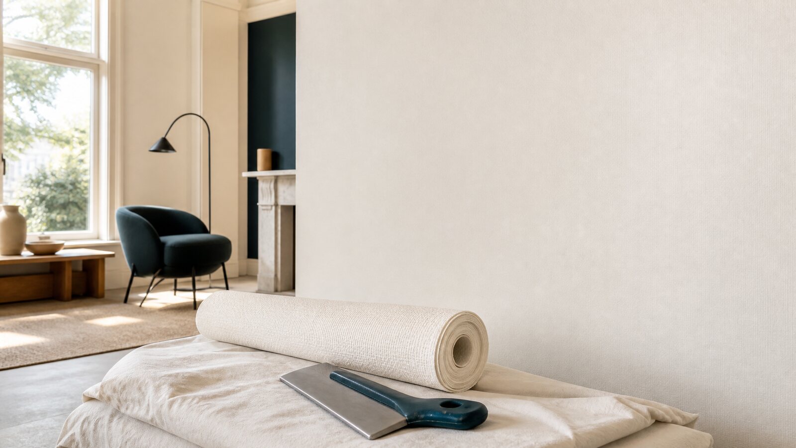 Strak afgewerkte muur met een rol renovlies en een glad pleistermes in een licht interieur